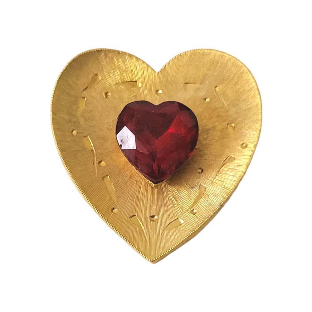Vintage JJ Heart Red Rhinestone Lapel Pin Brooch 1970s Signed Gold Tone Etched
